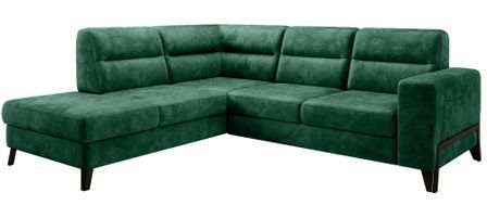 Canapé angle gauche convertible tissu doux vert et pieds acier noir Kassidi 277 cm