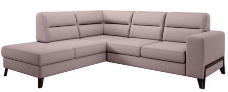 Canapé angle gauche convertible tissu rose clair et pieds acier noir Kassidi 277 cm