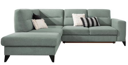 Canapé angle gauche convertible tissu vert d'eau et pieds acier noir Kassidi 277 cm