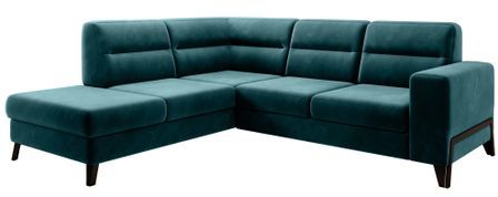 Canapé angle gauche convertible tissu vert epinard et pieds acier noir Kassidi 277 cm