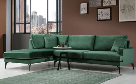 Canapé angle gauche design tissu velouté vert Kombaz 283 cm