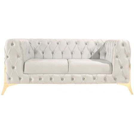 Canapé chesterfield 2 places velours gris et pieds métal doré Raco