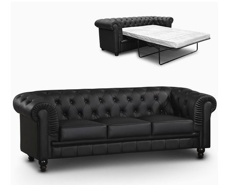 Canapé chesterfield 3 places convertible simili cuir noir Omir
