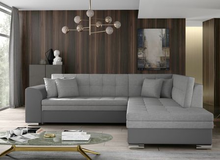 Canapé convertible angle droit tissu gris clair et simili gris Pika 260 cm