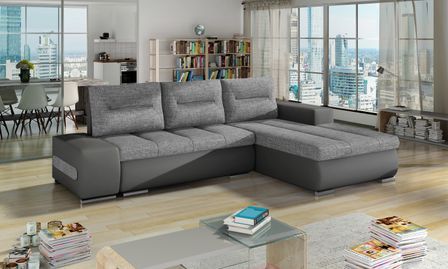 Canapé convertible angle droit tissu gris clair et simili gris Waker 275 cm