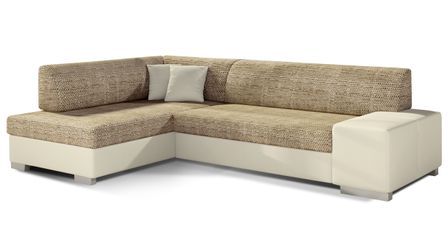 Canapé convertible angle gauche simili cuir beige et tissu beige clair chiné Polky 272 cm