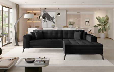 Canapé convertible capitonné angle droit simili cuir noir et pieds métal noir Lazor 295 cm