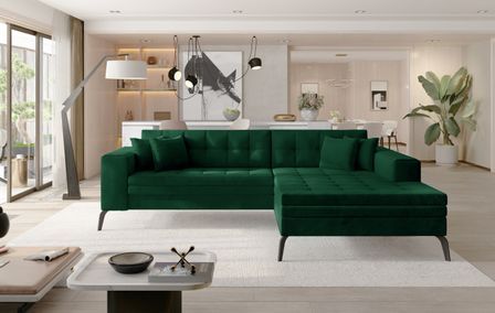 Canapé convertible capitonné angle droit velours vert impérial et pieds métal noir Lazor 295 cm