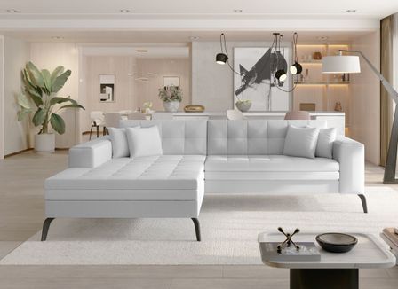 Canapé convertible capitonné angle gauche simili cuir blanc et pieds métal noir Lazor 295 cm