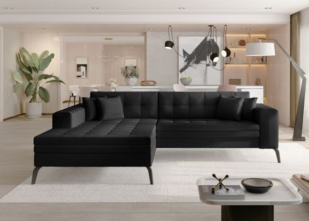 Canapé convertible capitonné angle gauche simili cuir noir et pieds métal noir Lazor 295 cm
