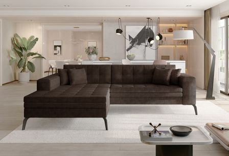 Canapé convertible capitonné angle gauche tissu marron et pieds métal noir Lazor 295 cm
