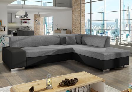 Canapé convertible moderne angle droit tissu gris clair chiné et simili cuir noir Plazo 278 cm