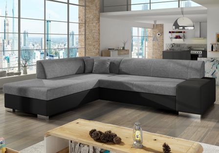 Canapé convertible moderne angle gauche tissu gris clair chiné et simili cuir noir Plazo 278 cm