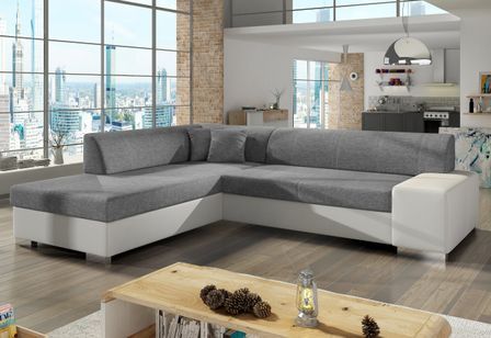 Canapé convertible moderne angle gauche gris clair chiné et simili cuir blanc Plazo 278 cm
