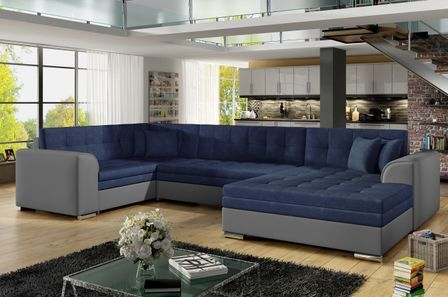 Canapé convertible panoramique tissu bleu marine et simili gris méridienne à droite Diana 340 cm