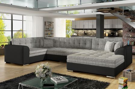 Canapé convertible panoramique tissu gris chiné et simili noir méridienne à droite Diana 340 cm