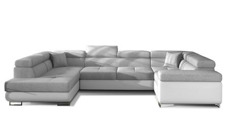 Canapé convertible panoramique TOVY tissu et simili cuir - Rangement et têtières réglables