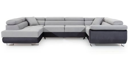 Canapé convertible panoramique TOVY tissu et simili cuir - Rangement et têtières réglables