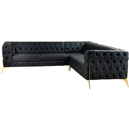 Canapé d'angle droit chesterfield simili cuir noir et pieds métal doré Raco