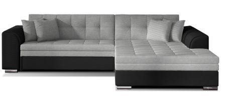 Canapé d’angle convertible 4 places LOOKA en tissu et simili cuir avec pieds en métal chromé – 296 cm