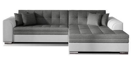 Canapé d’angle convertible 4 places LOOKA en tissu et simili cuir avec pieds en métal chromé – 296 cm