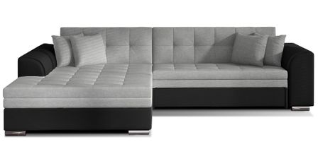 Canapé d’angle convertible 4 places LOOKA en tissu et simili cuir avec pieds en métal chromé – 296 cm