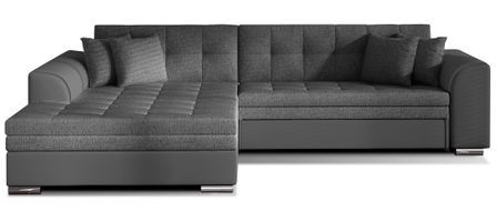 Canapé d’angle convertible 4 places LOOKA en tissu et simili cuir avec pieds en métal chromé – 296 cm