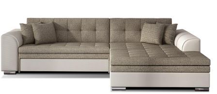 Canapé d’angle convertible 4 places LOOKA en tissu et simili cuir avec pieds en métal chromé – 296 cm