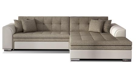 Canapé d’angle convertible 4 places LOOKA en tissu et simili cuir avec pieds en métal chromé – 296 cm