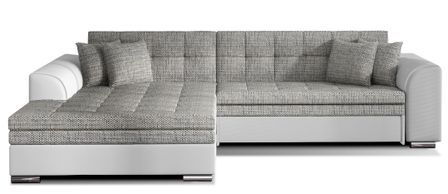 Canapé d’angle convertible 4 places LOOKA en tissu et simili cuir avec pieds en métal chromé – 296 cm