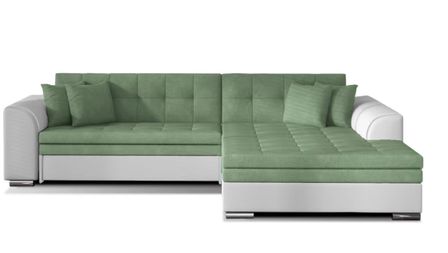 Canapé d’angle convertible 4 places LOOKA en tissu et simili cuir avec pieds en métal chromé – 296 cm