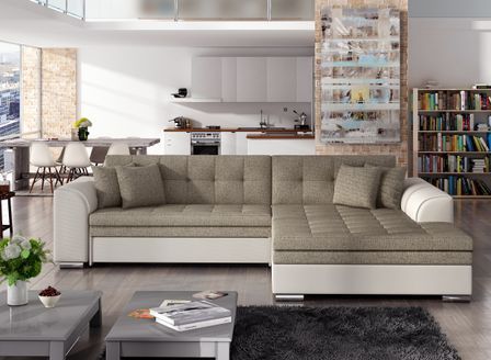 Canapé d'angle convertible 4 places tissu et simili LOOKA - Pieds métal chromé