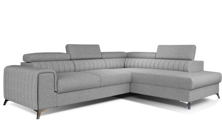 Canapé d'angle convertible 5 places tissu LOZA 278 cm - Appuis-tête réglables, coffre et pieds acier chromé