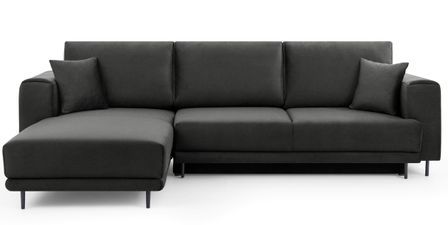 Canapé d'angle convertible 5 places velours DAVINA 289 cm - Coffre et pieds métal noir