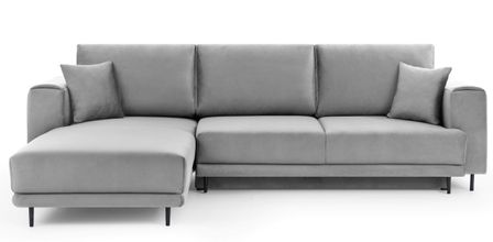 Canapé d'angle convertible 5 places velours DAVINA 289 cm - Coffre et pieds métal noir