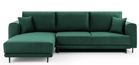 Canapé d'angle convertible 5 places velours DAVINA 289 cm - Coffre et pieds métal noir