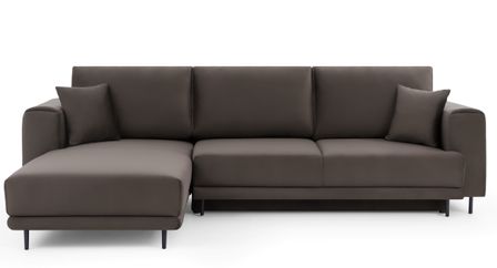 Canapé d'angle convertible 5 places velours DAVINA 289 cm - Coffre et pieds métal noir