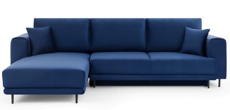 Canapé d'angle convertible 5 places velours DAVINA 289 cm - Coffre et pieds métal noir