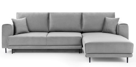 Canapé d'angle convertible 5 places velours DAVINA 289 cm - Coffre et pieds métal noir