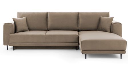 Canapé d'angle convertible 5 places velours DAVINA 289 cm - Coffre et pieds métal noir