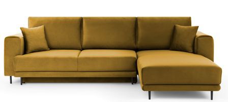 Canapé d'angle convertible 5 places velours DAVINA 289 cm - Coffre et pieds métal noir