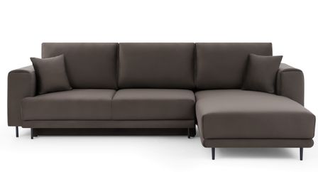 Canapé d'angle convertible 5 places velours DAVINA 289 cm - Coffre et pieds métal noir