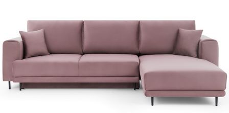 Canapé d'angle convertible 5 places velours DAVINA 289 cm - Coffre et pieds métal noir