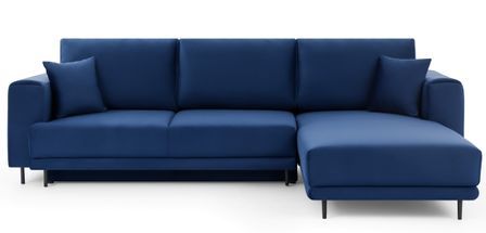 Canapé d'angle convertible 5 places velours DAVINA 289 cm - Coffre et pieds métal noir