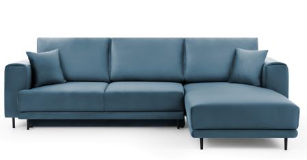 Canapé d'angle convertible 5 places velours DAVINA 289 cm - Coffre et pieds métal noir