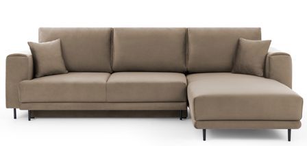 Canapé d'angle convertible 5 places velours DAVINA 289 cm - Coffre et pieds métal noir