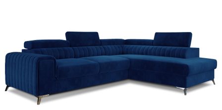 Canapé d'angle convertible 5 places velours LOZA 278 cm - Appuis-tête réglables, coffre et pieds acier chromé