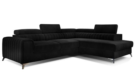 Canapé d'angle convertible 5 places velours LOZA 278 cm - Appuis-tête réglables, coffre et pieds acier chromé