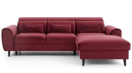 Canapé d’angle convertible ASTORIA en velours avec coffre, têtières réglables et pieds en bois noir – 267 cm