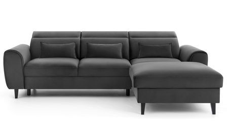 Canapé d’angle convertible ASTORIA en velours avec coffre, têtières réglables et pieds en bois noir – 267 cm